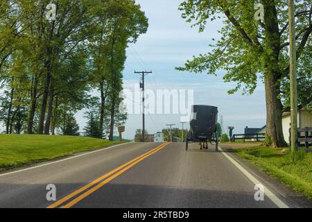 Sparato attraverso un'auto windshile di un cavallo Amish e buggy viaggiando sulla strada di campagna in Amish Country, Ohio, USA. Foto Stock