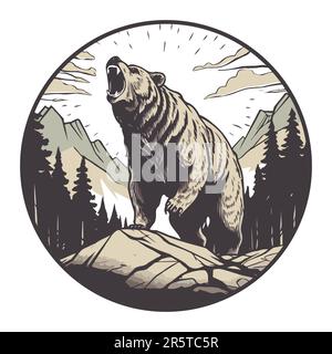 Aggressivo grizzly orso su uno sfondo di foresta e montagne. Stampa di T-shirt, immagine vettoriale con badge di orso selvatico Illustrazione Vettoriale