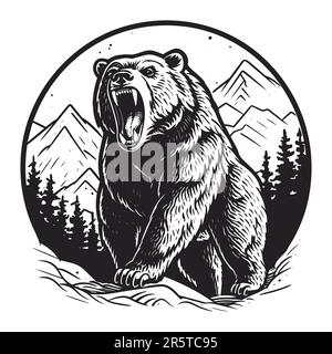 Aggressivo grizzly orso su uno sfondo di foresta e montagne. Stampa di T-shirt, immagine vettoriale con badge di orso selvatico Illustrazione Vettoriale