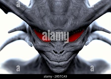 Alieno. Personaggio alieno e visitatore UFO e creatura umanoide extraterrestre avvistamento concetto come un simbolo per la ricerca di una vita intelligente come un 3D Foto Stock