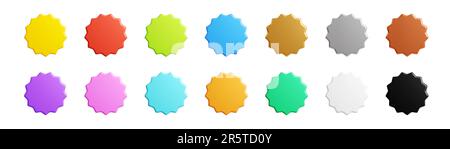 Starburst sticker 3D set di rendering - collezione di stemmi tondi a forma di stella o di sole per promo. Foto Stock