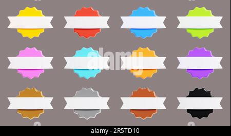 Starburst sticker 3D set di rendering - collezione di stemmi tondi a forma di stella o di sole per promo. Foto Stock