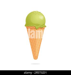 Gelato al pistacchio in fusione con briciole di noci in un cono di waffle Illustrazione Vettoriale