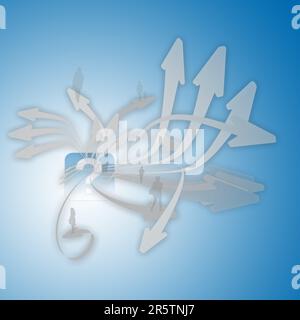 alcune frecce diverse escono da un segno... dove o perché quella persona deve andare... questa è la domanda Illustrazione Vettoriale