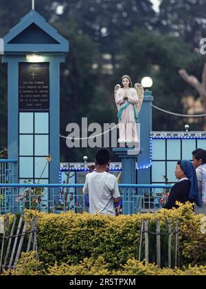 Un gruppo di persone che ammirano una statua di un angelo nella Cattedrale di Maria Ausiliatrice Foto Stock