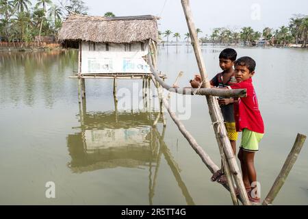 Il villaggio di Pratab Nagar è gravemente colpito dai cambiamenti climatici, tra cui l'aumento dei livelli delle acque, l'erosione e la salinizzazione. Provincia di Satkhira, Bangladesh. Foto Stock