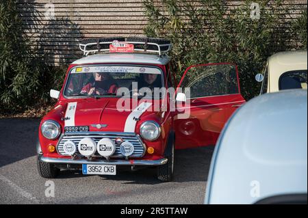 La vista frontale del classico rally Mini Cooper sulla strada Foto Stock