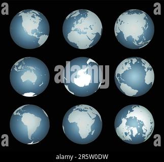 Continenti del mondo (vettore). Mappa accurata su un globo. Comprende l'Antartide, l'Artico e l'Atlantico. I dettagli includono piccole catene di isole, laghi e mari. Illustrazione Vettoriale