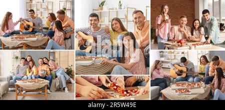 Collage con gli amici che mangiano le pizze saporite alla festa Foto Stock