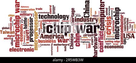 Chip war parola cloud concetto. Collage fatto di parole su chip war. Illustrazione vettoriale Illustrazione Vettoriale