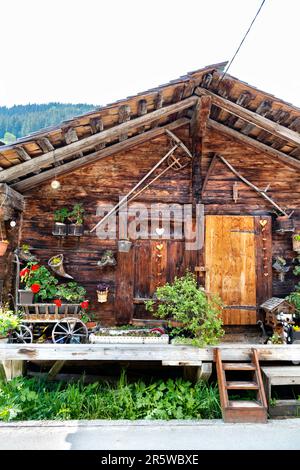 Tradizionale cottage svizzero in legno nel piccolo villaggio agricolo di Gimmelwald con le Alpi svizzere sullo sfondo, Svizzera Foto Stock