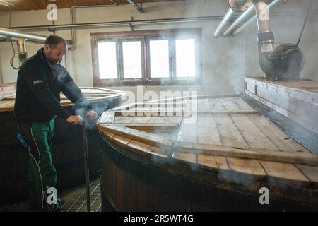 I rislavi alla Distilleria Ardbeg, Isle of Islay, Inner Hebrides, Scozia, Regno Unito Foto Stock