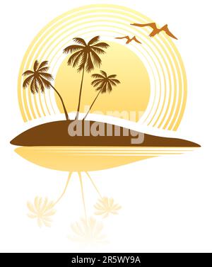 Tre palme e sole su sfondo bianco. Illustrazione Vettoriale