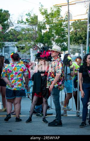 Barranquilla, Atlantico, Colombia - Febbraio 21 2023: Donna colombiana vestita in nero con cappello e piume rosse accanto a un uomo che indossa un Colorfu Foto Stock