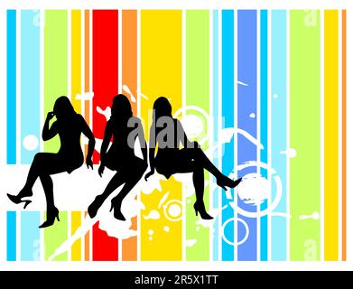 Tre silhouette femminili nere su uno sfondo grunge a righe. Illustrazione Vettoriale