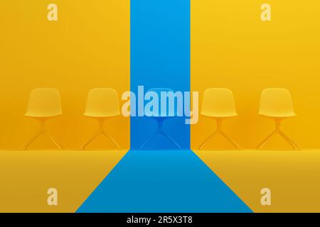 Sedia blu che si distingue dalla folla di sedie contro uno sfondo giallo studio. Concetto di gestione delle risorse umane. Rendering 3D. Foto Stock
