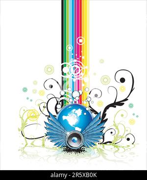 Fantasy flying Speaker with globe and rainbow background Stock Vector