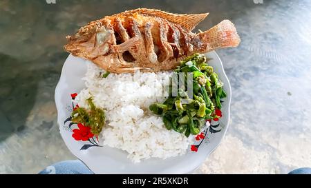 . Il riso bianco al vapore fornisce una base neutra che si abbina al succulento pesce fritto, aggiungendo una consistenza leggera e soffice ad ogni boccone. Foto Stock
