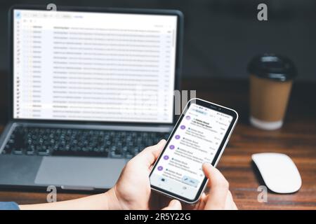 persona che legge e-mail su smartphone, concetto di marketing e-mail, ricevere nuovi messaggi, messaggi di chat online social text, mano femminile che lavora con la p virtuale Foto Stock