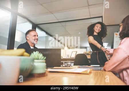 Eravamo così felici che potevi unirti a noi. due uomini d'affari che scuotono le mani durante una riunione in ufficio. Foto Stock