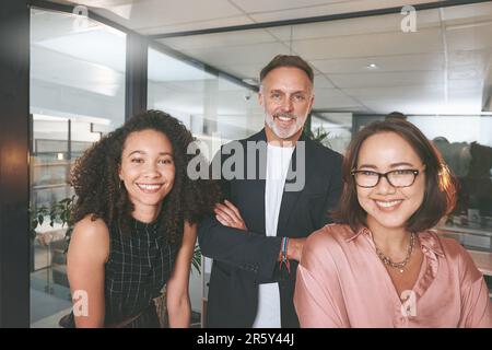 Dietro ogni grande squadra c'è un grande manager. un gruppo eterogeneo di uomini d'affari che si trovano in ufficio durante una riunione. Foto Stock