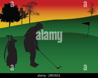 silhouette di un golfista che gioca a golf in un campo da golf Illustrazione Vettoriale