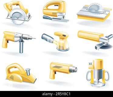 Set di icone con strumenti per la lavorazione del legno Illustrazione Vettoriale