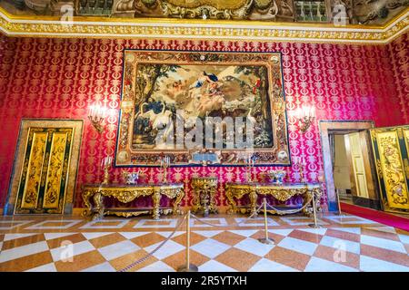 Mobili e arazzi di stile neo-barocco della Manifacture Royale des Gobelins (2nd metà del 19th ° secolo durante il periodo Savoia) nel primo Antechambre (Salon diplomatico) nel Palazzo reale di Napoli che nel 1734 divenne la residenza reale dei Borboni - Napoli, Italia Foto Stock