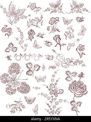 Elementi della farfalla Flower Bird Illustrazione Vettoriale