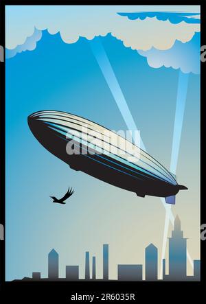 Uno zeppelin è in cielo, cartello. Un file aggiuntivo è nel formato EPS Illustrazione Vettoriale