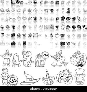 Set Halloween di sketch nero. Parte 2. Gruppi e livelli isolati. Illustrazione Vettoriale