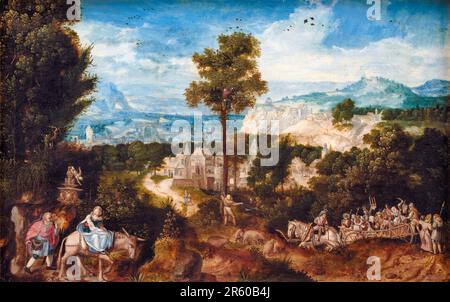 Herri Met de Bles, Paesaggio con il volo in Egitto, dipinto 1500-1550 Foto Stock