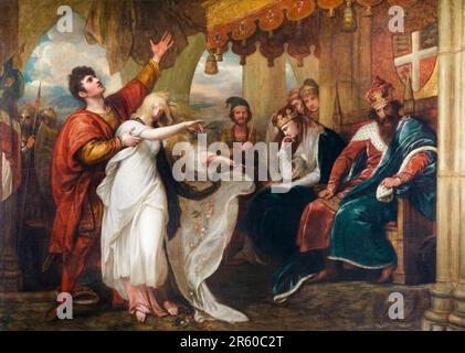 Borgo, atto IV, scena V (Ophelia e Laertes prima del re e della regina), pittura in olio su tela di Benjamin West, circa 1776 Foto Stock