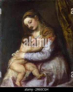 Tiziano, Tiziano Vecellio, la Vergine che succhia il Cristo bambino, dipinto ad olio su tela, 1565-1575 Foto Stock