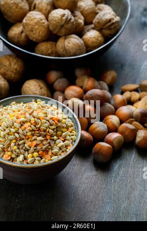 Noci, mandorle, nocciole e cereali, prodotti ricchi di vitamina e per una dieta sana, Itay, Europa Foto Stock