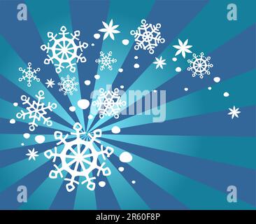 Fiocchi di neve bianchi e stelle su uno sfondo a strisce blu. Illustrazione di Natale. Illustrazione Vettoriale