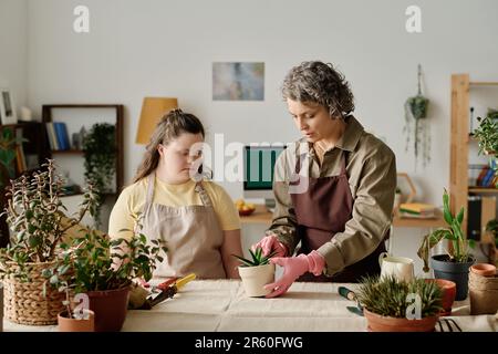 Donna in uniforme insegnando ragazza con sindrome di Down per piantare piante a tavola nella stanza Foto Stock