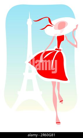 La romantica ragazza stilizzata con un abito rosso e un cappello sullo sfondo della Tour d'Eiffel. Illustrazione Vettoriale