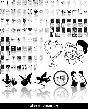 Set di sketch nero per San Valentino. Parte 3. Gruppi e livelli isolati. Illustrazione Vettoriale