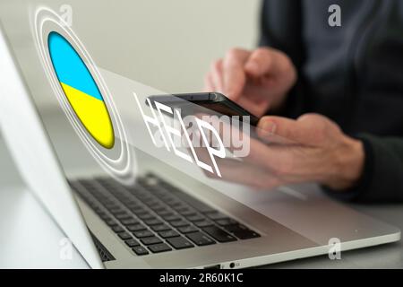 Schermo virtuale con aiuto all'Ucraina Foto Stock