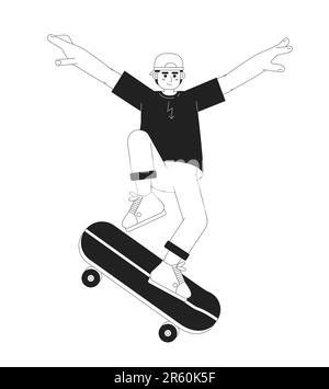 Teenager equitazione skateboard piatto vettore cartone animato contorno carattere Illustrazione Vettoriale