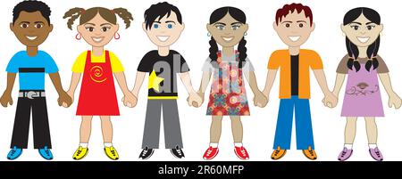 Vector of Six Kids da tutto il mondo che si tiene per mano in unità. Diversità completamente modificabile. Illustrazione Vettoriale