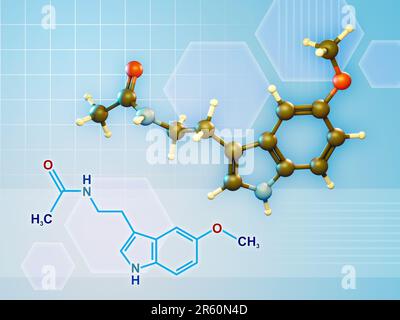 Formula della molecola di melatonina e diagramma 3D. Illustrazione digitale, rendering 3D Foto Stock