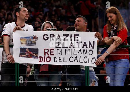 Milano, Italia. 4th giugno, 2023. Italia, Milano, giugno 3 2023: I fan dell'AC Milan mostrano il banner per Ibrahimovic negli stand durante la partita di calcio AC Milan vs Hellas Verona, Serie A Tim 2022-2023 day38 Stadio San Siro (Credit Image: © Fabrizio Andrea Bertani/Pacific Press via ZUMA Press Wire) SOLO PER USO EDITORIALE! Non per USO commerciale! Foto Stock