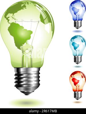 illuminazione realistica di una lampadina con mappa del mondo, quattro diverse versioni di colore Illustrazione Vettoriale