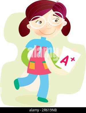 Felice ragazza dei cartoni animati con il rapporto d'esame. Illustrazione vettoriale. Illustrazione Vettoriale
