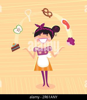 Super madre che giocherellava con gli ingressi in cucina. Perfetta casalinga! Illustrazione vettoriale stile di vita in stile vintage. Illustrazione Vettoriale