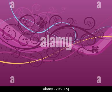 Vortici viola, onde e farfalle sullo sfondo Illustrazione Vettoriale