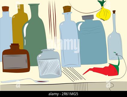 Illustrazione disegnata a mano di bottiglie, vasetti una cipolla gialla e peperoncino rosso. Illustrazione Vettoriale