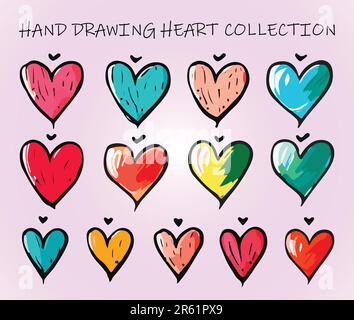 Mano disegno colorful Heart Collection. Illustrazione vettoriale in stile Doodle. Illustrazione Vettoriale